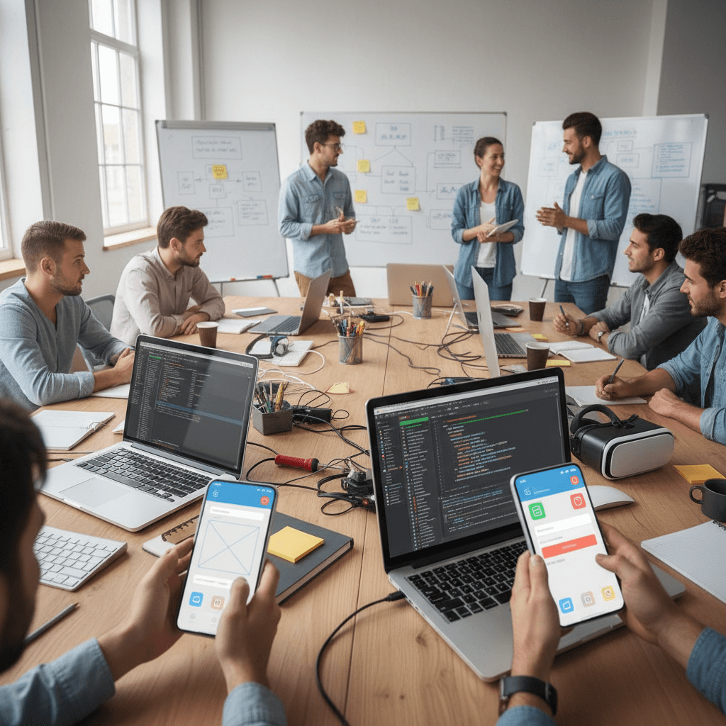 Mobile app development process showing smartphone screens and development tools