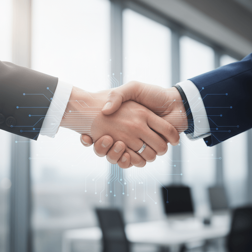 Business partnership handshake representing strategic technology collaboration