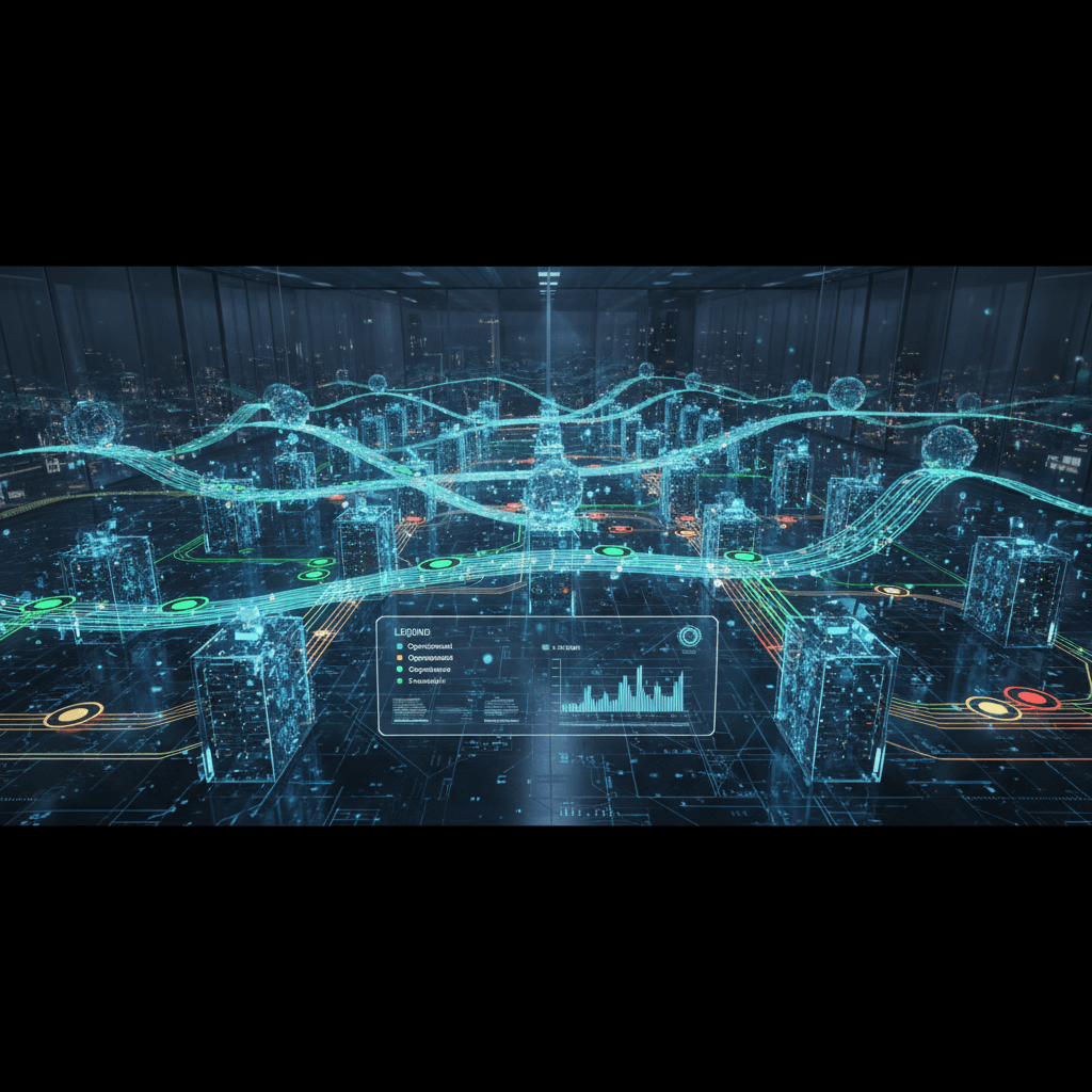 Cloud computing network infrastructure visualization with interconnected nodes