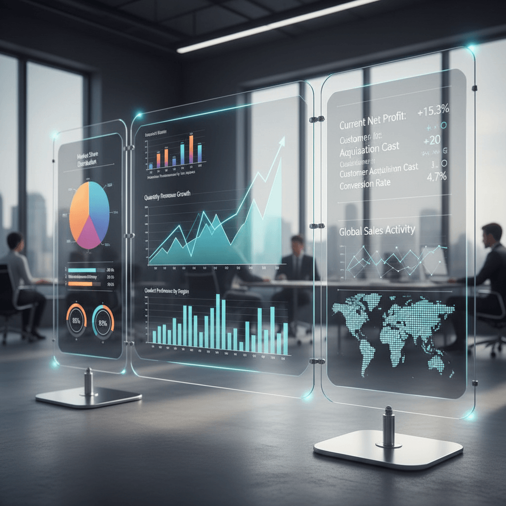 Data analytics dashboard showing charts, graphs and business intelligence metrics