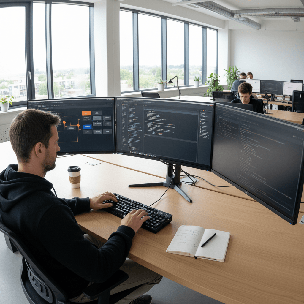 Software developer writing code on multiple monitors in modern workspace